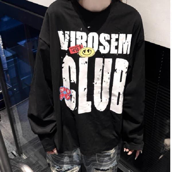아메리칸 웃음 하 조수 브랜드 긴팔 티셔츠 여성 oversize 루즈핏 중성 바람 커플 맨위 상세 이미지 1