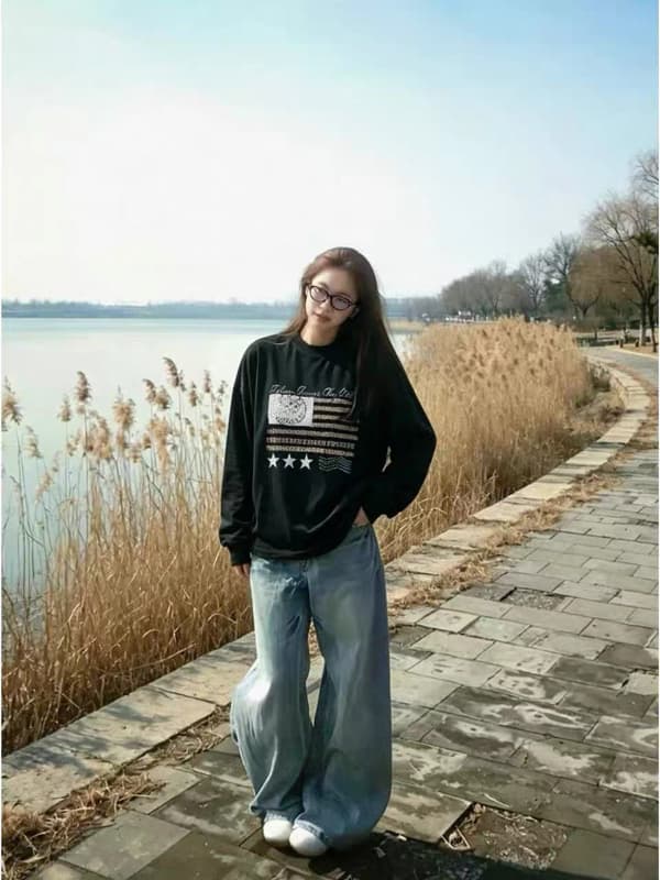 아메리칸 느긋한 바람 검정색 순면 긴팔 티셔츠 여성 이른 가을 새로운 루즈핏 슬림해 보이는 디자인 센스 기본 셔츠 맨위 상세 이미지 2