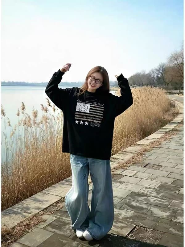 아메리칸 느긋한 바람 검정색 순면 긴팔 티셔츠 여성 이른 가을 새로운 루즈핏 슬림해 보이는 디자인 센스 기본 셔츠 맨위 상세 이미지 4