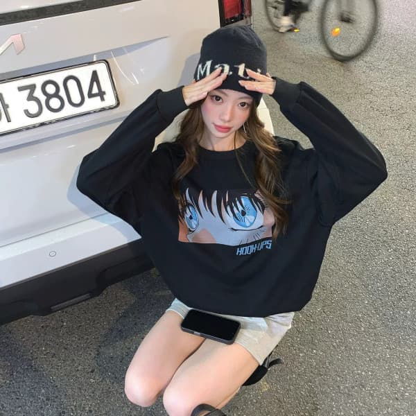 애니메이션 프린트 후드티 2026 캠퍼스 바람 보조 요소 트렌디 센스 라운드 넥 긴팔 풀오버 맨위 상세 이미지 1