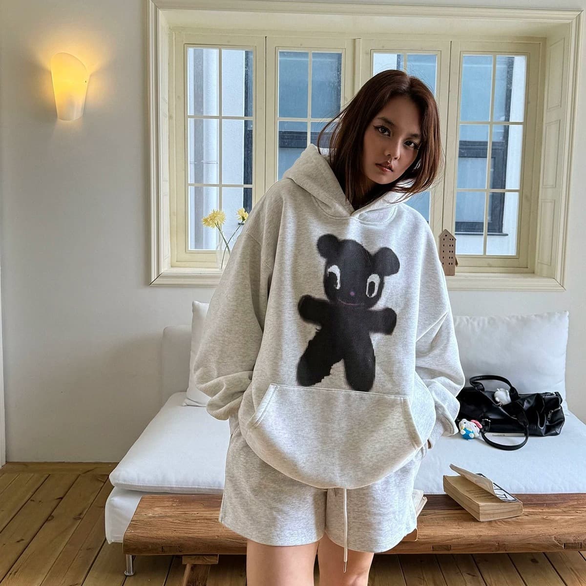 아메리칸 레트로 고양이 프린트 후드 티 스웨터 여성 루즈핏 털이 있는 느긋한 바람 oversize 재킷 이미지 5