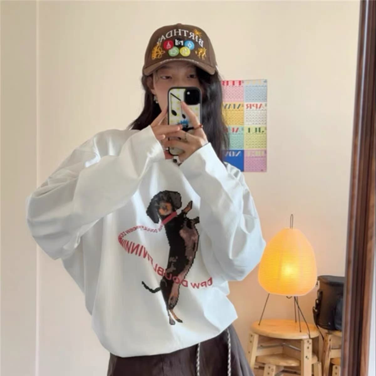 픽셀 강아지 프린트 재미있는 루즈핏 긴팔 라운드 넥 티셔츠 루즈핏 다용도 순면 화이트 맨위 이미지 5