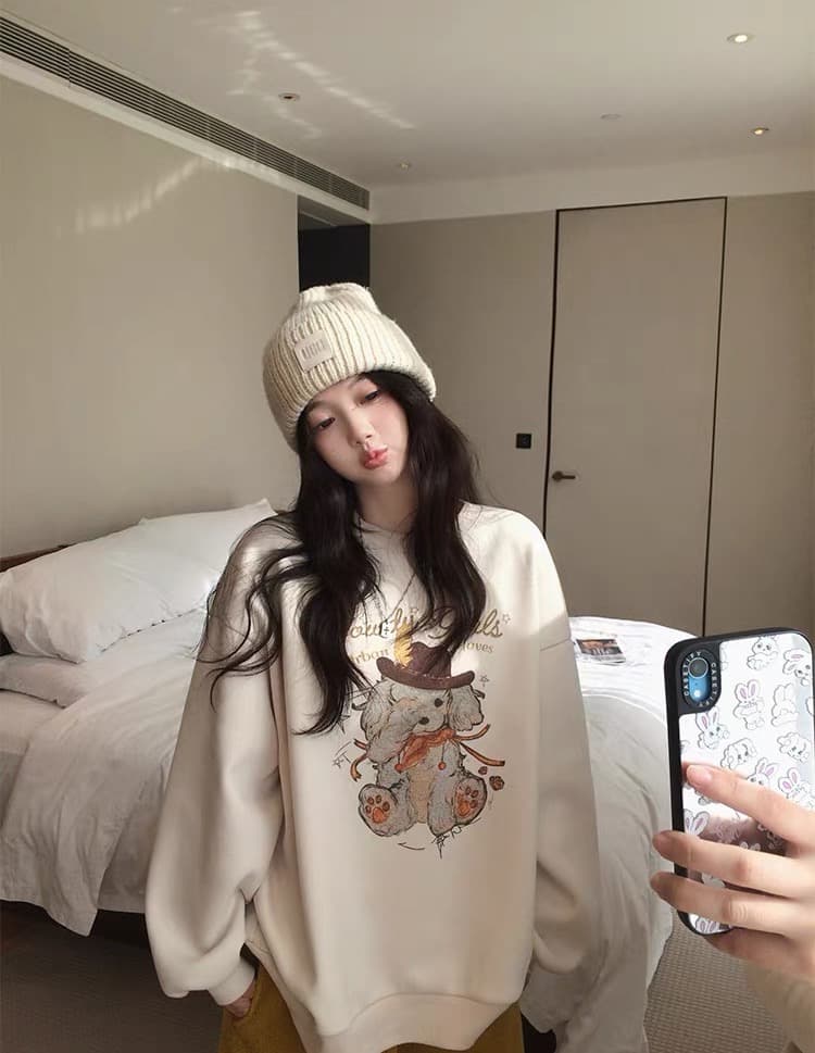 눈 가리개 강아지 프린트 보온 슬림해 보이는 털이 있고 두꺼운 라운드 넥 후드티 이미지 2