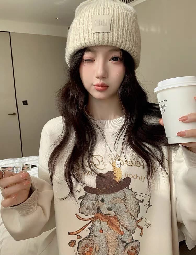 눈 가리개 강아지 프린트 보온 슬림해 보이는 털이 있고 두꺼운 라운드 넥 후드티 상세 이미지 4