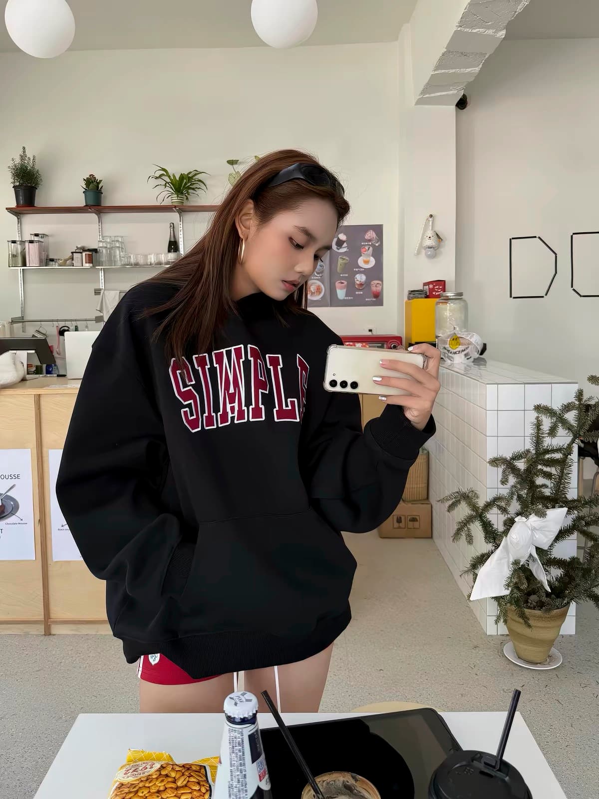 아메리칸 레트로 프린트 알파벳 회색 후드 티 스웨터 여성 세트 헤드 기어 셔츠 루즈핏 oversize 느긋한 바람 맨위 상세 이미지 2