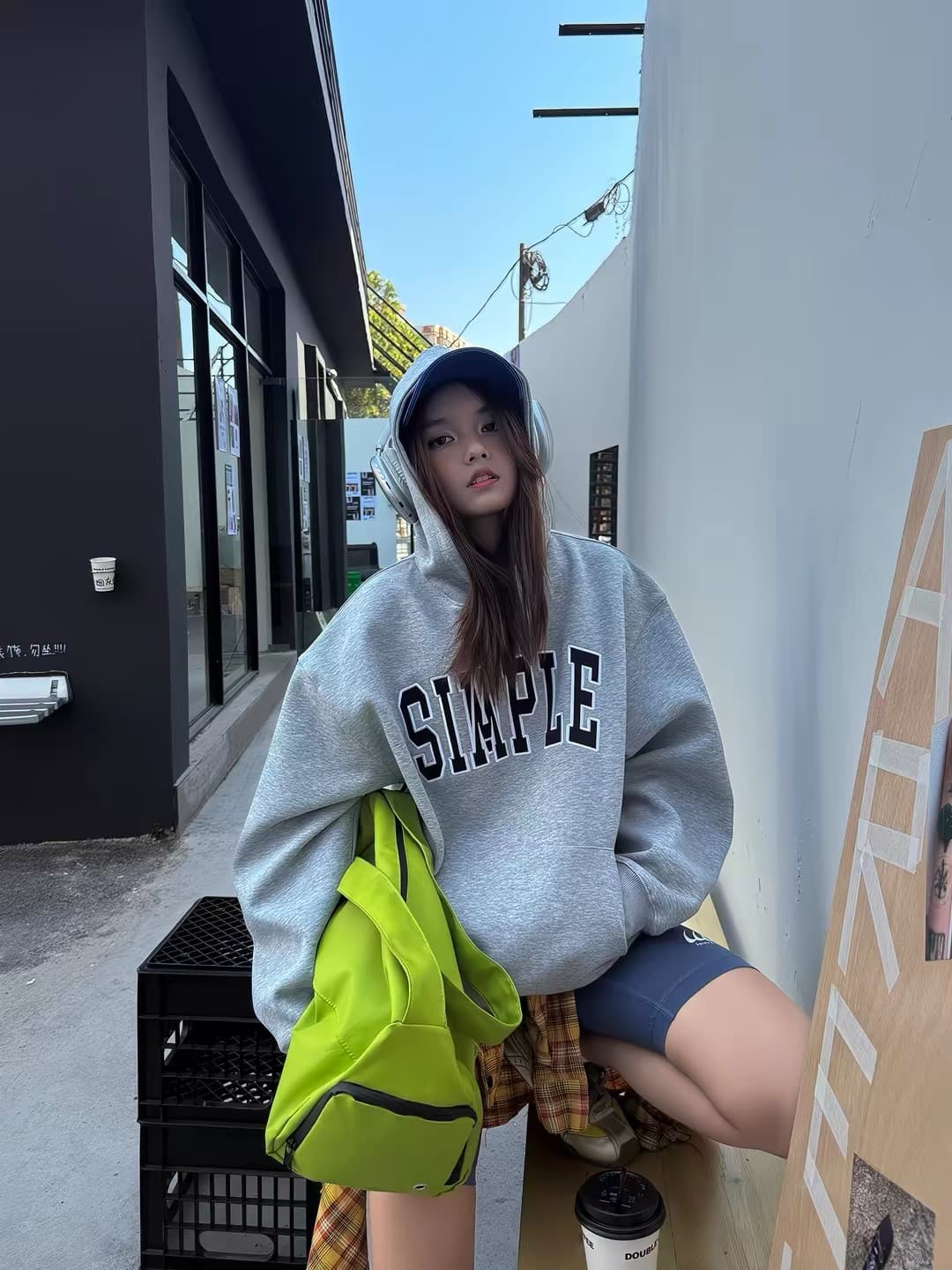 아메리칸 레트로 프린트 알파벳 회색 후드 티 스웨터 여성 세트 헤드 기어 셔츠 루즈핏 oversize 느긋한 바람 맨위 상세 이미지 4