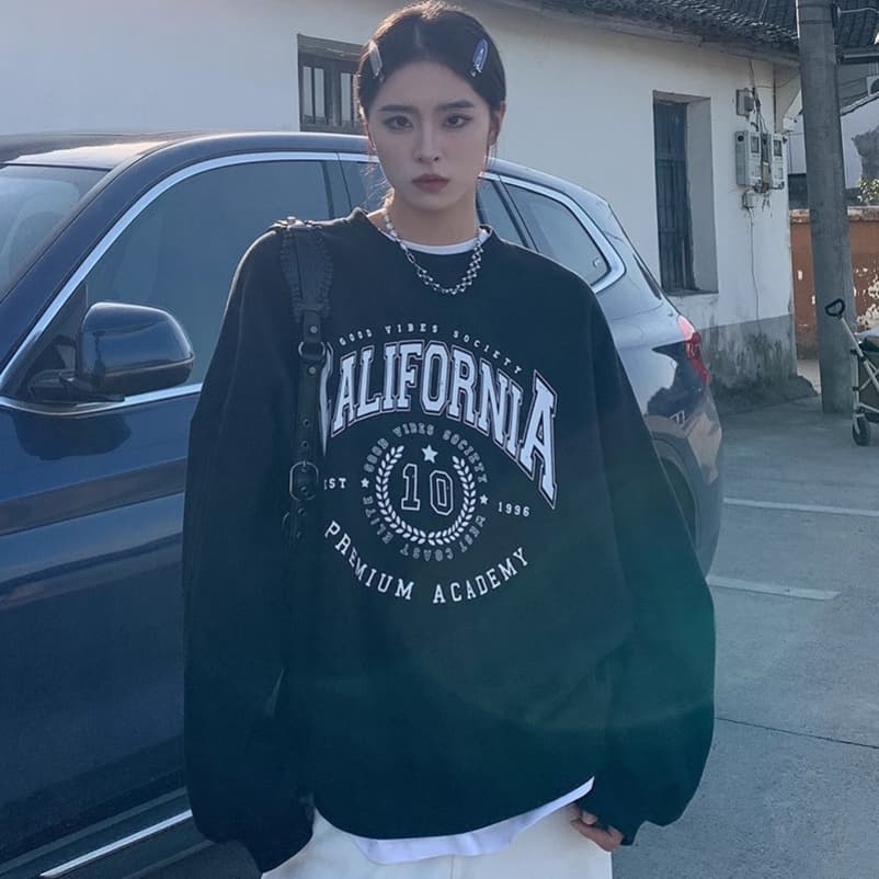 아메리칸 레트로 출퇴근 바람 알파벳 프린트 라운드 넥 후드티 여성 가을 겨울 루즈핏 털이 있는 맨위 상세 이미지 1