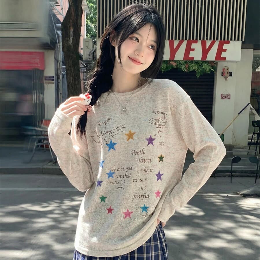 한 부서 레트로 색상 실 별 라운드 넥 긴팔 티셔츠 여성 여름 얇고 가벼운 느긋한 바람 작은 대중 자외선 차단 블라우스 맨위 이미지 5