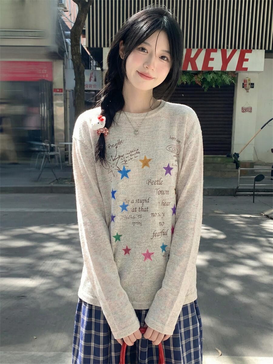 한 부서 레트로 색상 실 별 라운드 넥 긴팔 티셔츠 여성 여름 얇고 가벼운 느긋한 바람 작은 대중 자외선 차단 블라우스 맨위 상세 이미지 3