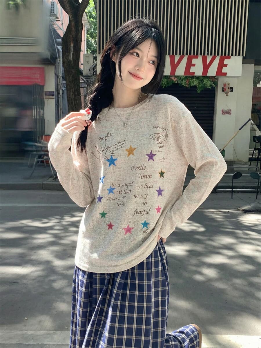 한 부서 레트로 색상 실 별 라운드 넥 긴팔 티셔츠 여성 여름 얇고 가벼운 느긋한 바람 작은 대중 자외선 차단 블라우스 맨위 상세 이미지 4