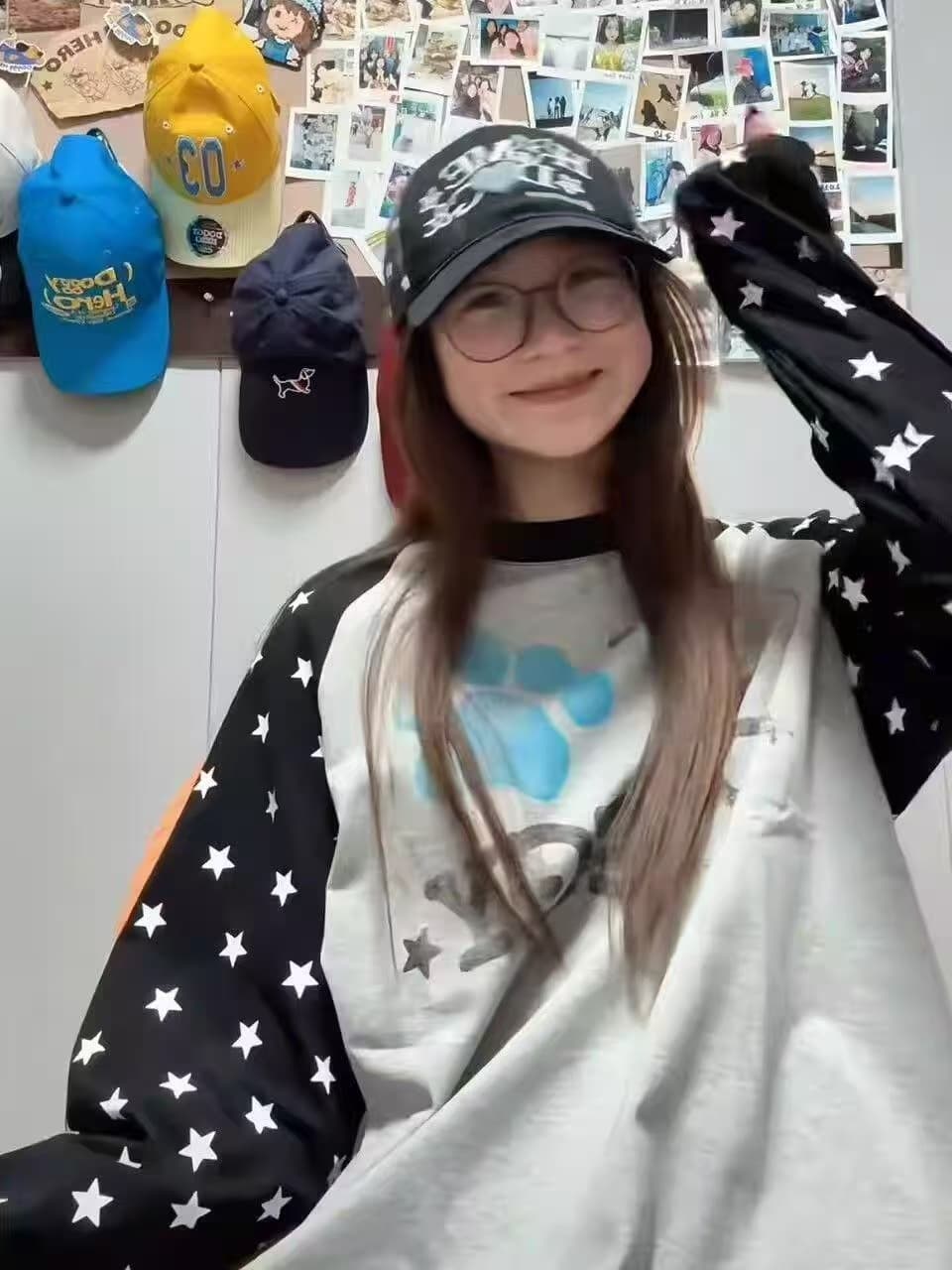 아메리칸 레트로 별 배색 삽입 어깨 소매 길이 소매 티셔츠 여성 봄 가을 2026 새로운 일본식 빛 아시아 인 만화 맨위 상세 이미지 2