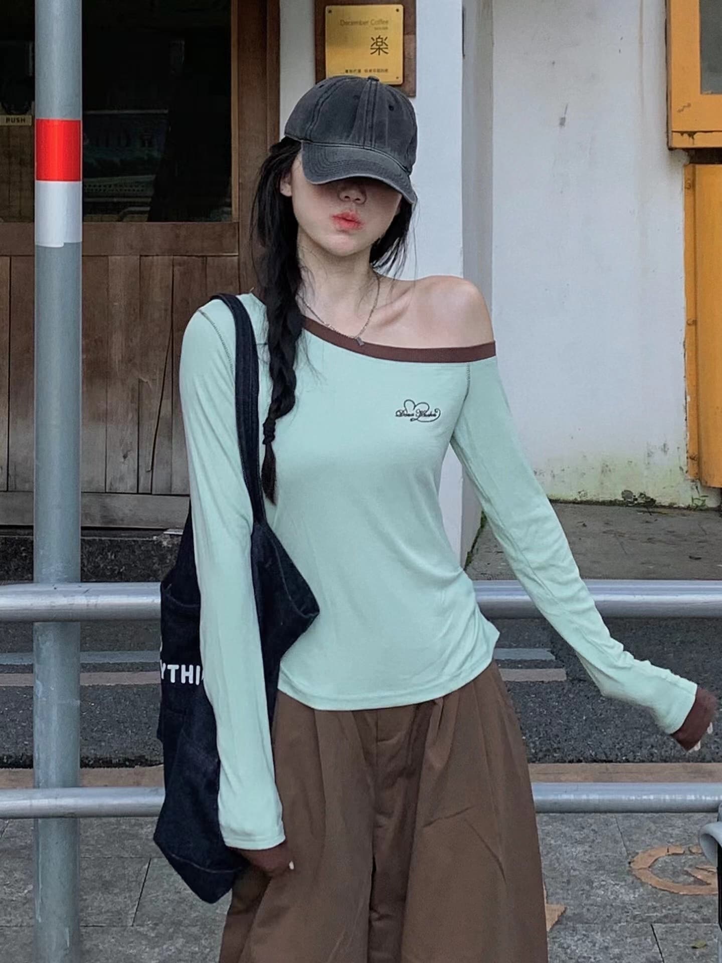 한 부서 비스듬한 어깨 남자 웨이브 박하 녹색 맨위 긴팔 티셔츠 여성 레저 몸매 가꾸기 오프숄더 인사이드 가져 가라. 기본 셔츠