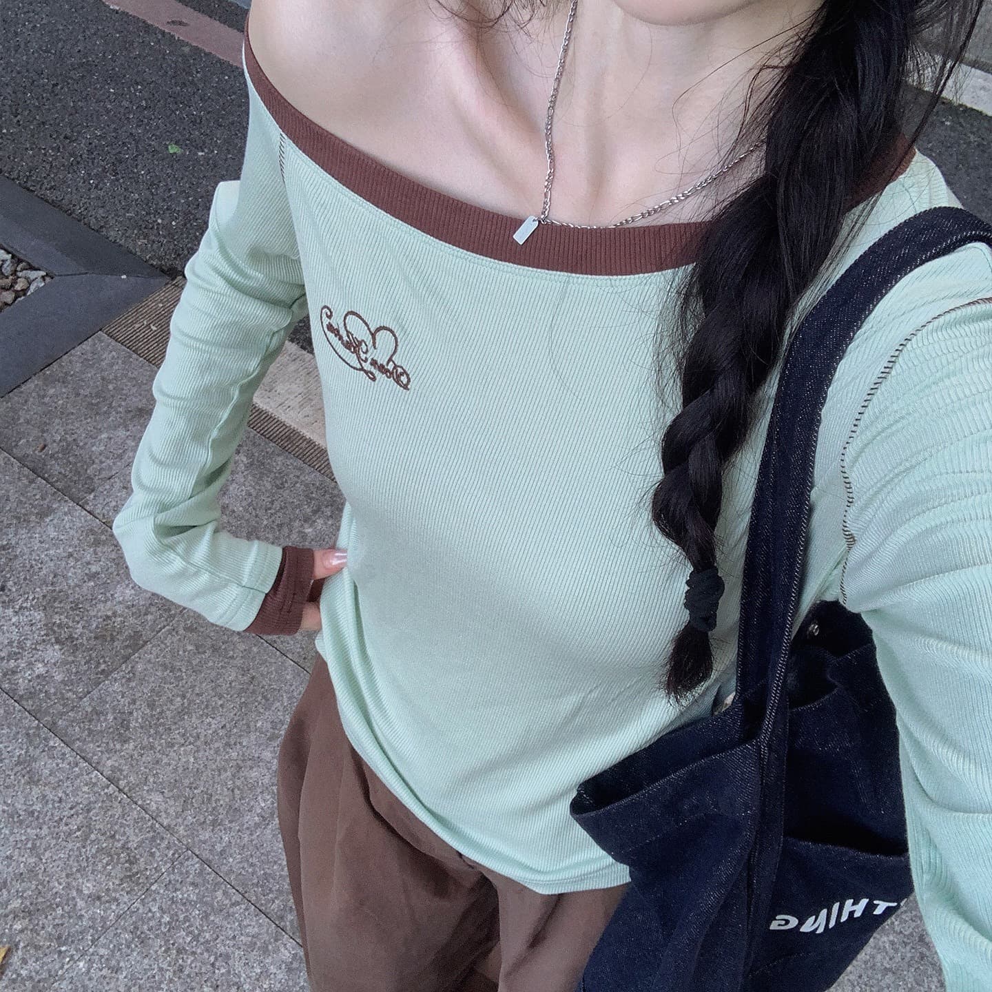 한 부서 비스듬한 어깨 남자 웨이브 박하 녹색 맨위 긴팔 티셔츠 여성 레저 몸매 가꾸기 오프숄더 인사이드 가져 가라. 기본 셔츠 이미지 5