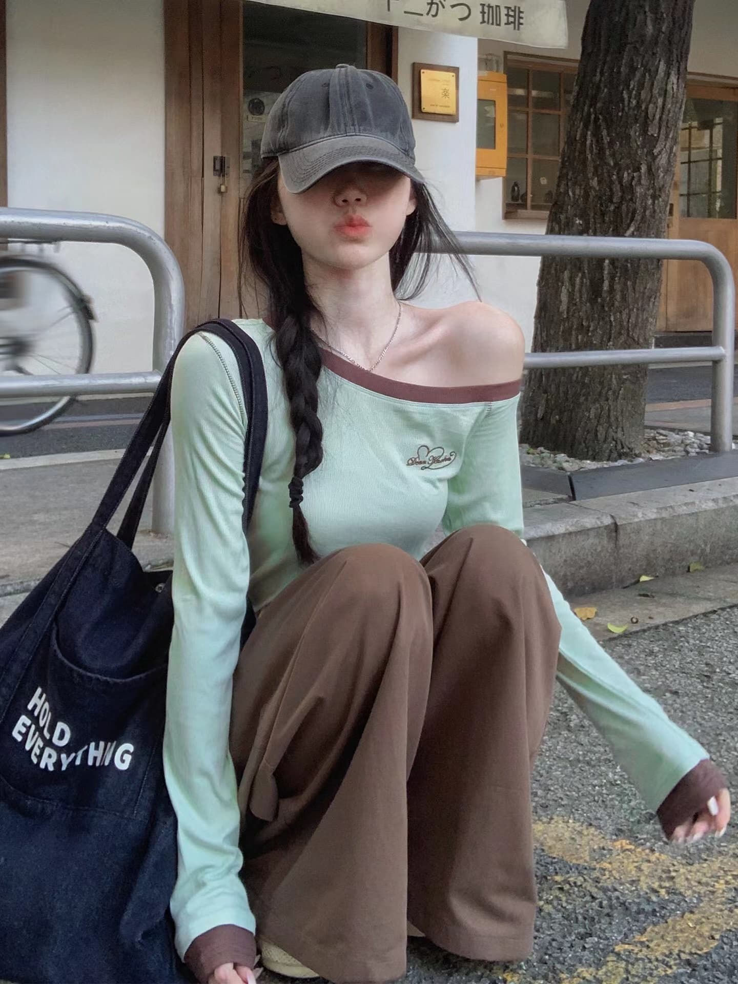 한 부서 비스듬한 어깨 남자 웨이브 박하 녹색 맨위 긴팔 티셔츠 여성 레저 몸매 가꾸기 오프숄더 인사이드 가져 가라. 기본 셔츠 상세 이미지 1