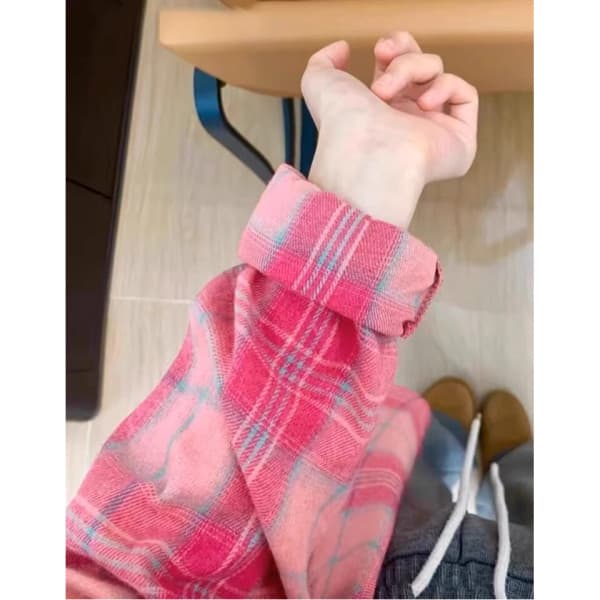 아메리칸 핑크색 체크무늬 여성 셔츠 봄 가을 새로운 루즈핏 슬림해 보이는 캐주얼 품격 셔츠 맨위 이미지 2
