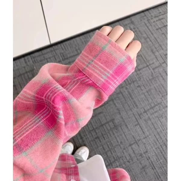 아메리칸 핑크색 체크무늬 여성 셔츠 봄 가을 새로운 루즈핏 슬림해 보이는 캐주얼 품격 셔츠 맨위 이미지 4