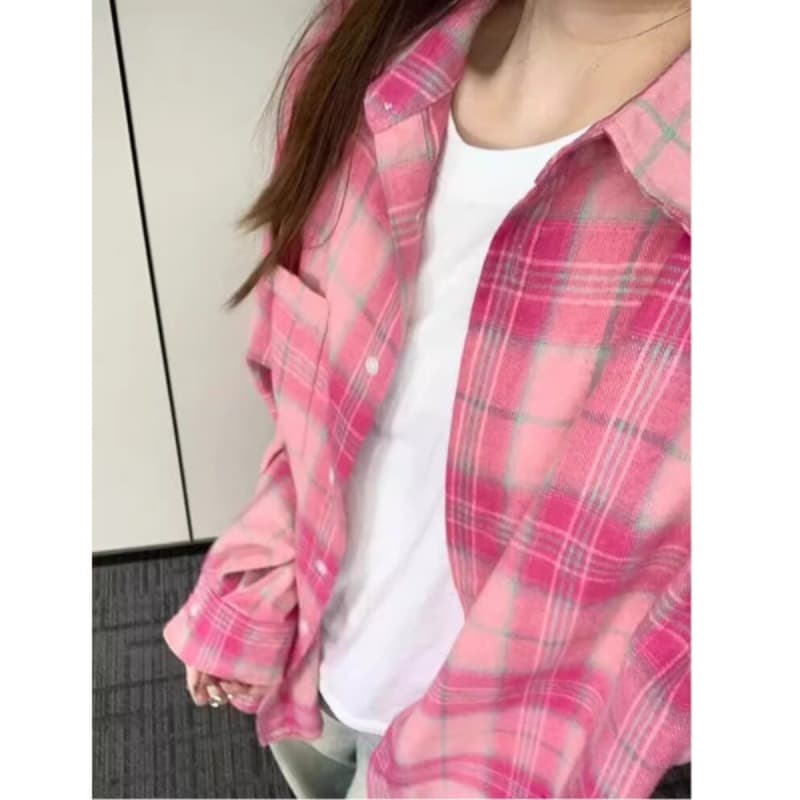 아메리칸 핑크색 체크무늬 여성 셔츠 봄 가을 새로운 루즈핏 슬림해 보이는 캐주얼 품격 셔츠 맨위 이미지 5