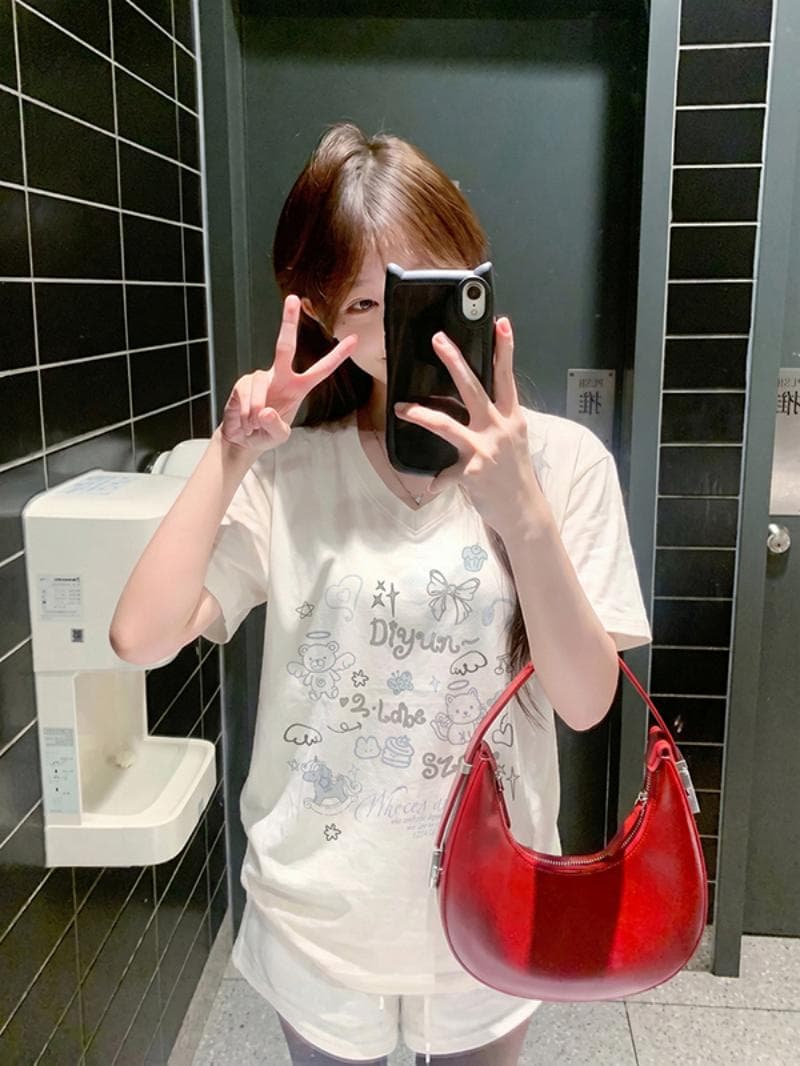 한 부서 화이트 만화 프린트 V넥 반팔 티셔츠 여성 여름 디자인 센스 작은 대중 슬림해 보이는 상세 이미지 3