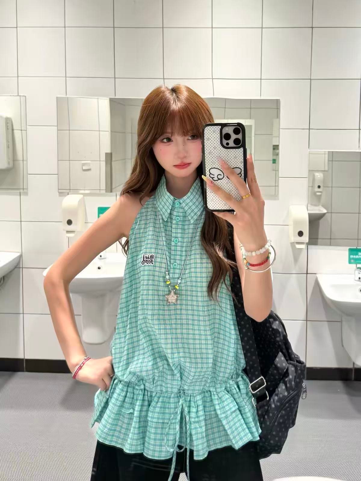 체크무늬 민소매 여성 셔츠 여름 몸매 가꾸기 프릴 허리 수축 펌프 로프 스트랩 작은 대중 조끼 맨위 녹색 상세 이미지 4
