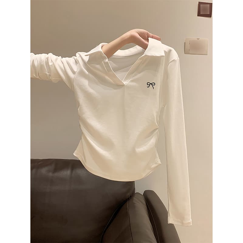 polo 폴로 칼라 긍정적 인 어깨 긴팔 여성 티셔츠 가을 주름 꼬집기 허리 곡선 밑단 슬림해 보이는 몸매 가꾸기 기본 셔츠 맨위 상세 이미지 1