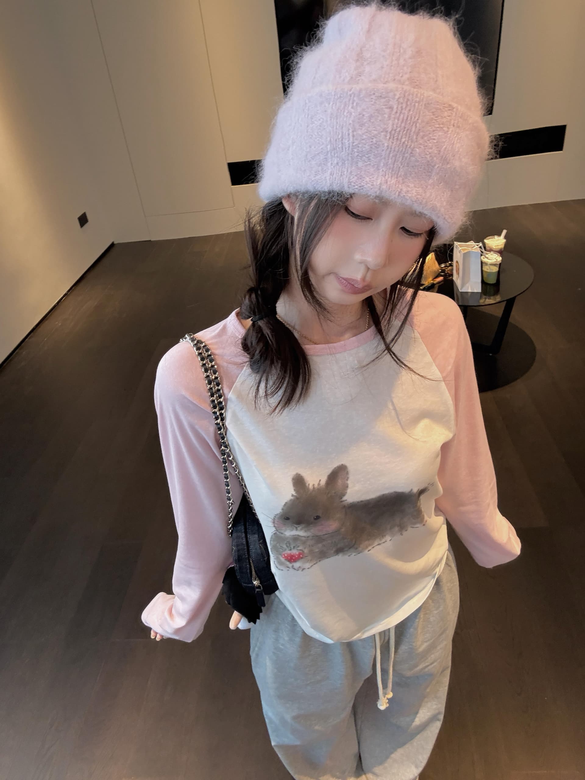 토끼 부서 소녀 연령 감소 만화 멩 토끼 프린트 패치워크 색상 긴팔 티셔츠 이미지 3