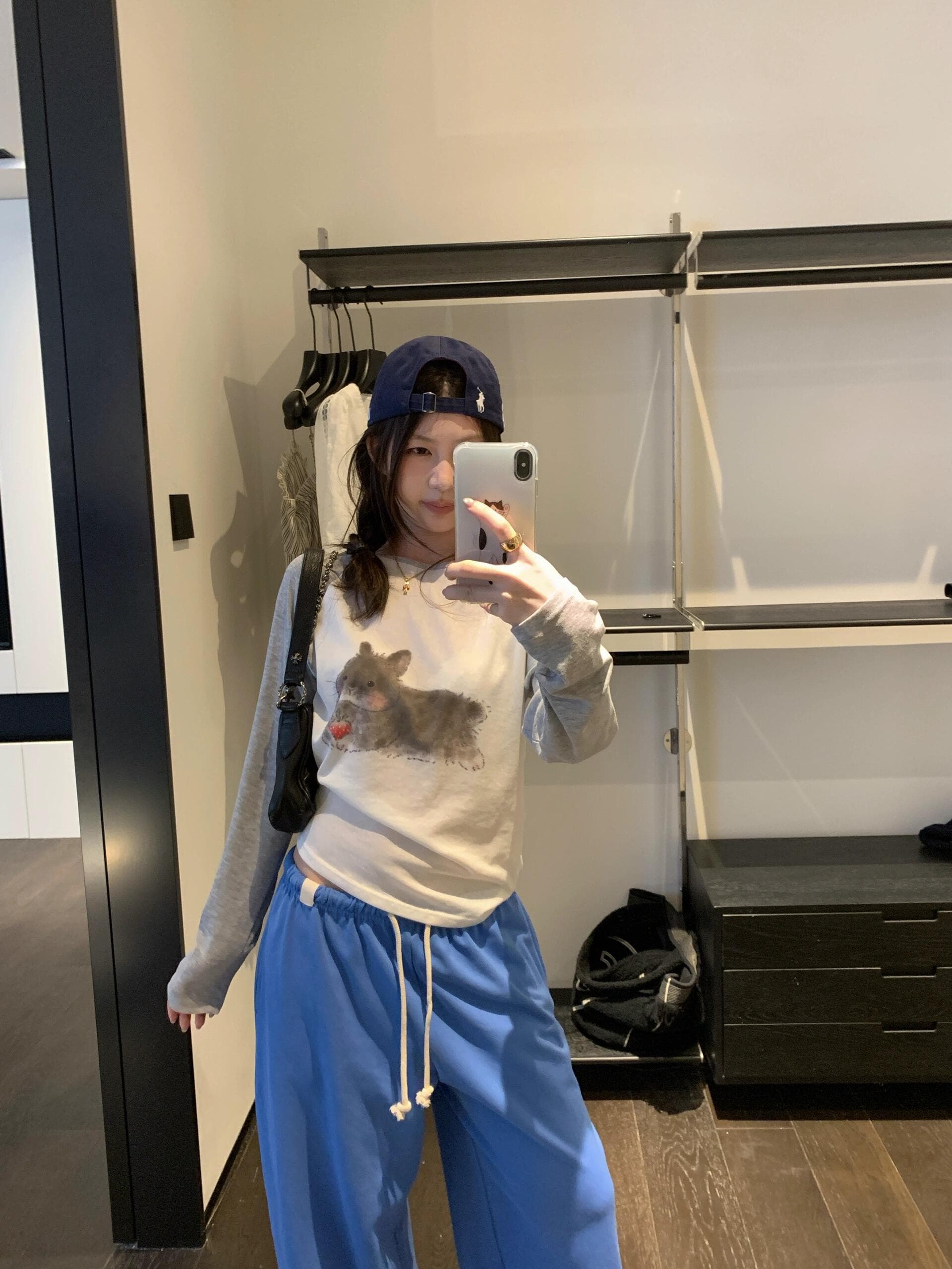 토끼 부서 소녀 연령 감소 만화 멩 토끼 프린트 패치워크 색상 긴팔 티셔츠 상세 이미지 5