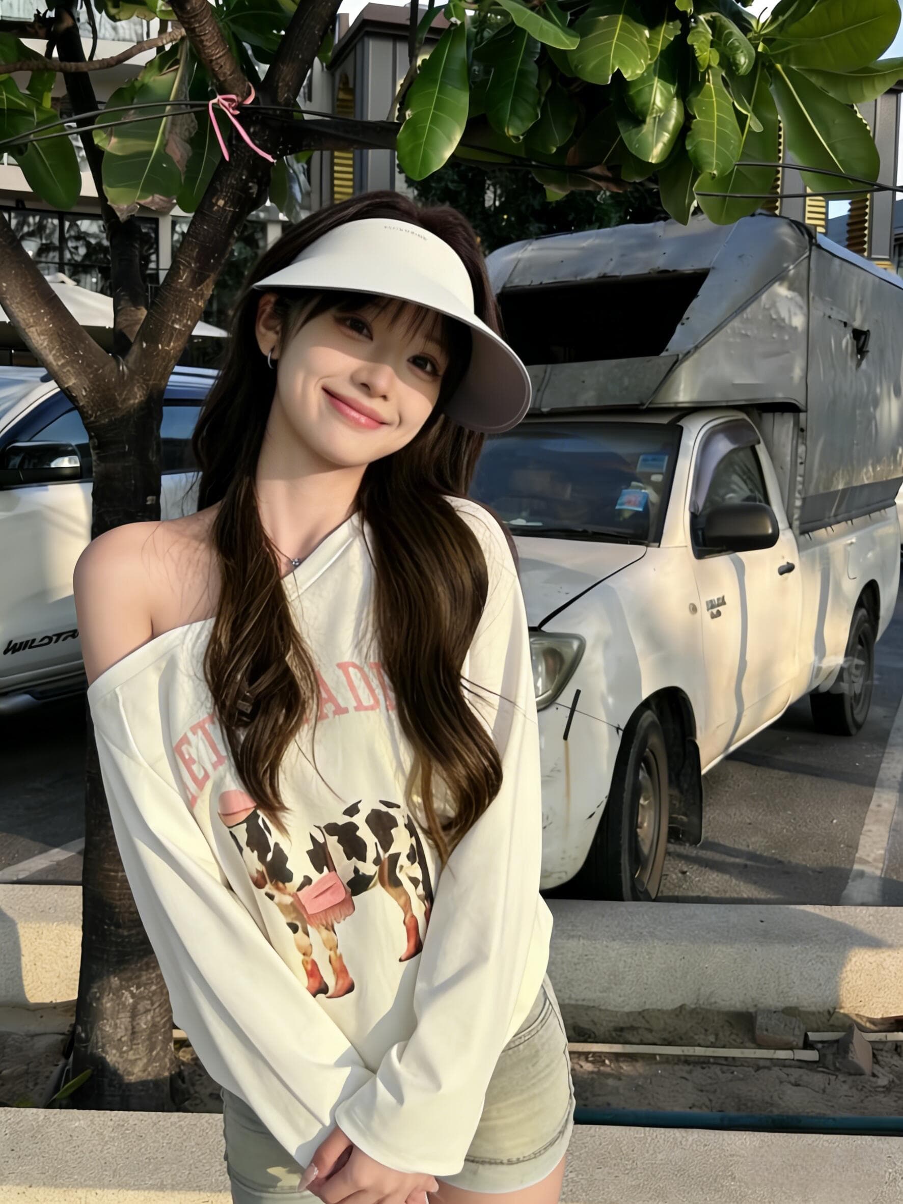 비스듬한 어깨 의류 여성 말의 해 작은 말 프린트 디자인 센스 루즈핏 핫걸 오프숄더 긴팔 티셔츠