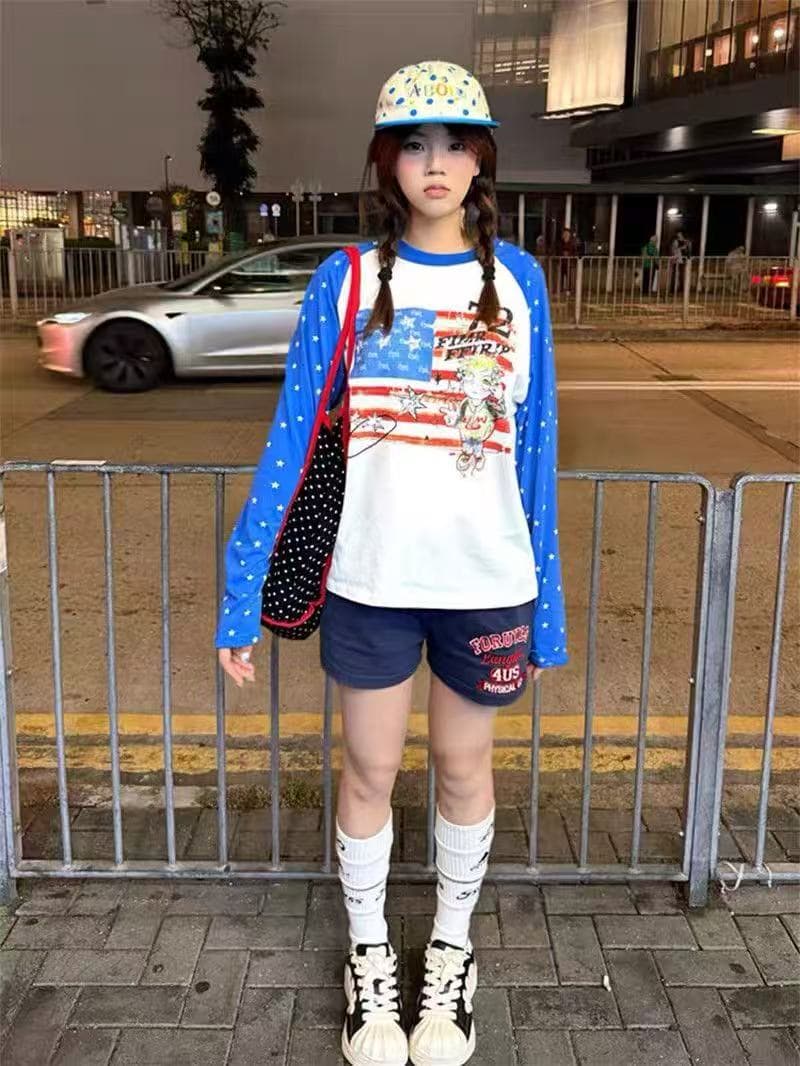 아메리칸 레트로 패치워크 배색 알파벳 긴팔 티셔츠 여성 가을 루즈핏 느긋한 디자인 센스 다용도 캐주얼 맨위 이미지 4