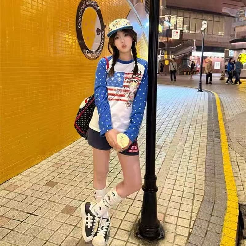 아메리칸 레트로 패치워크 배색 알파벳 긴팔 티셔츠 여성 가을 루즈핏 느긋한 디자인 센스 다용도 캐주얼 맨위 이미지 5