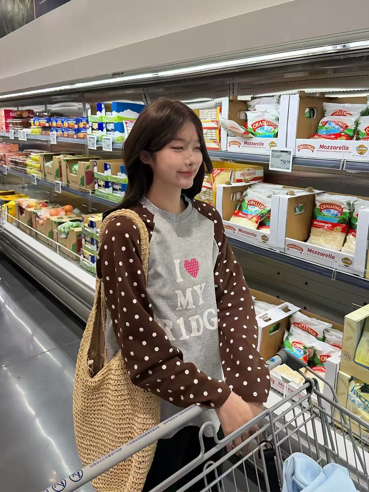 레트로 아메리칸 하트 도트 무늬 삽입 어깨 긴팔 티셔츠 남녀 루즈핏 캐주얼 다용도 맨위 이미지 4