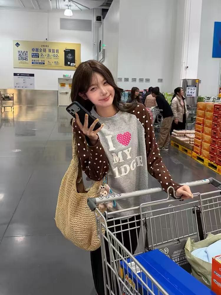 레트로 아메리칸 하트 도트 무늬 삽입 어깨 긴팔 티셔츠 남녀 루즈핏 캐주얼 다용도 맨위 상세 이미지 1