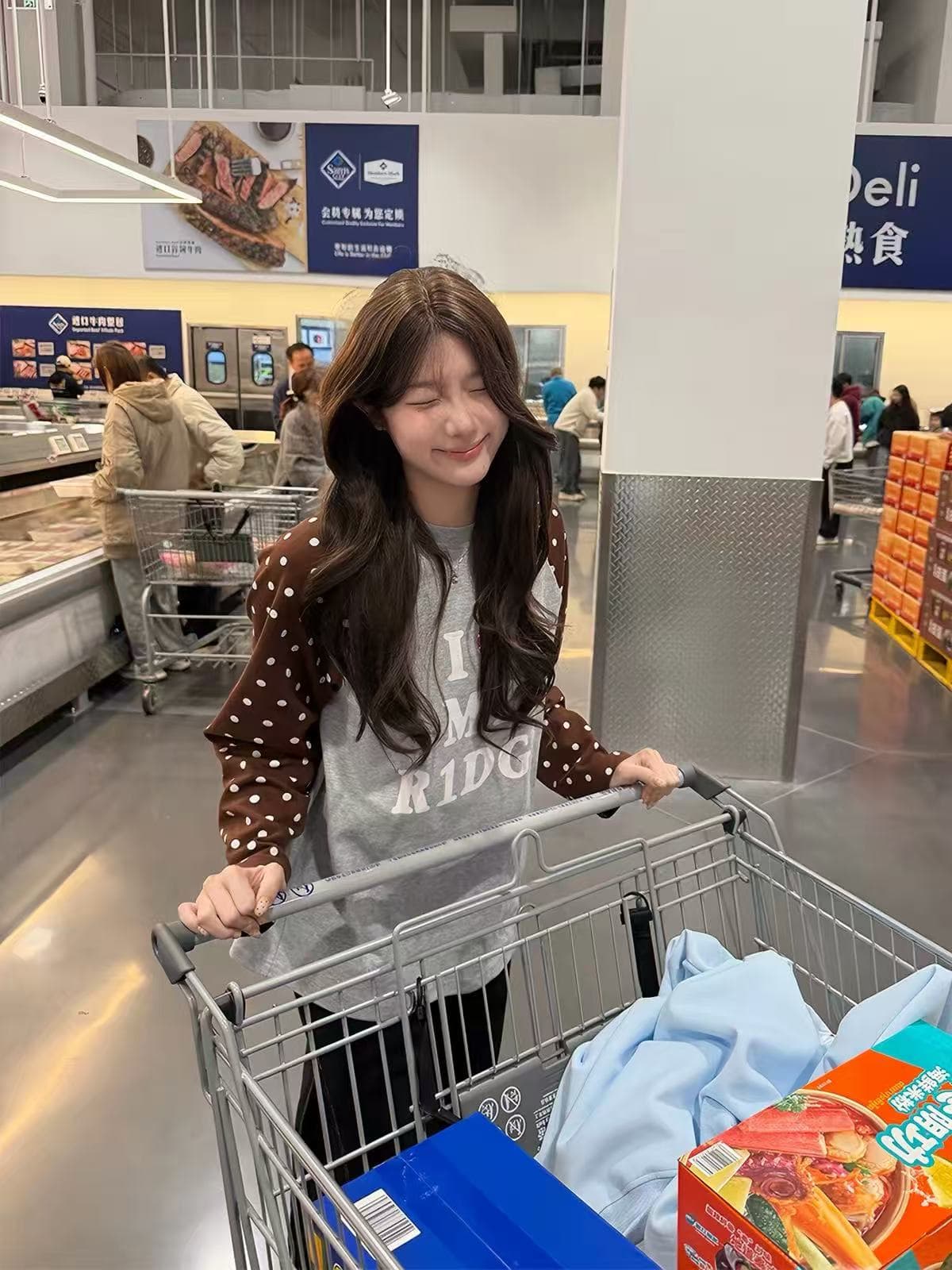 레트로 아메리칸 하트 도트 무늬 삽입 어깨 긴팔 티셔츠 남녀 루즈핏 캐주얼 다용도 맨위 상세 이미지 3