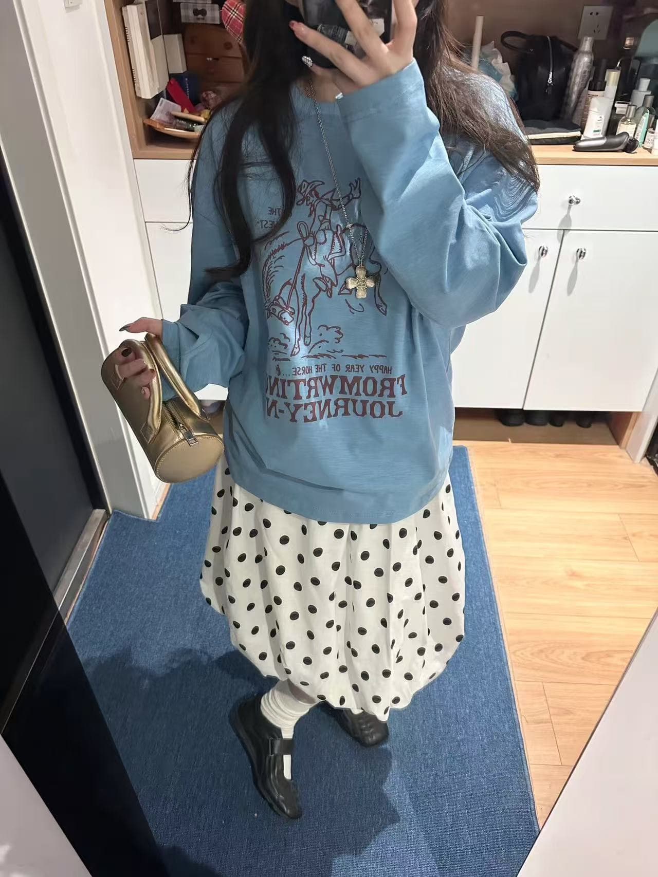 아메리칸 레트로 느긋한 바람 긴팔 티셔츠 여성 루즈핏 캐주얼 새로운 승마자 프린트 무거운 다용도 만나는 맨위 이미지 3