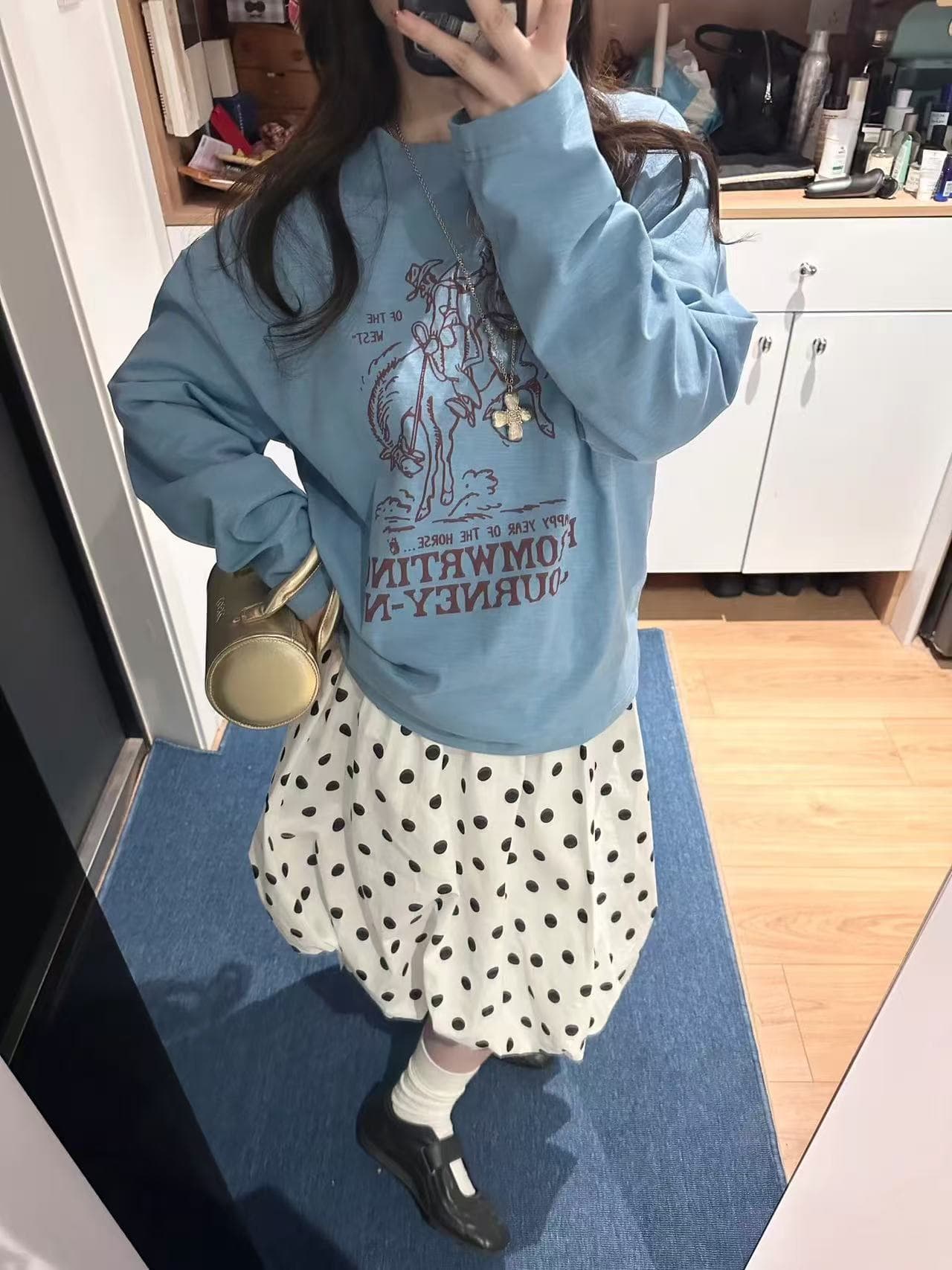 아메리칸 레트로 느긋한 바람 긴팔 티셔츠 여성 루즈핏 캐주얼 새로운 승마자 프린트 무거운 다용도 만나는 맨위 상세 이미지 1