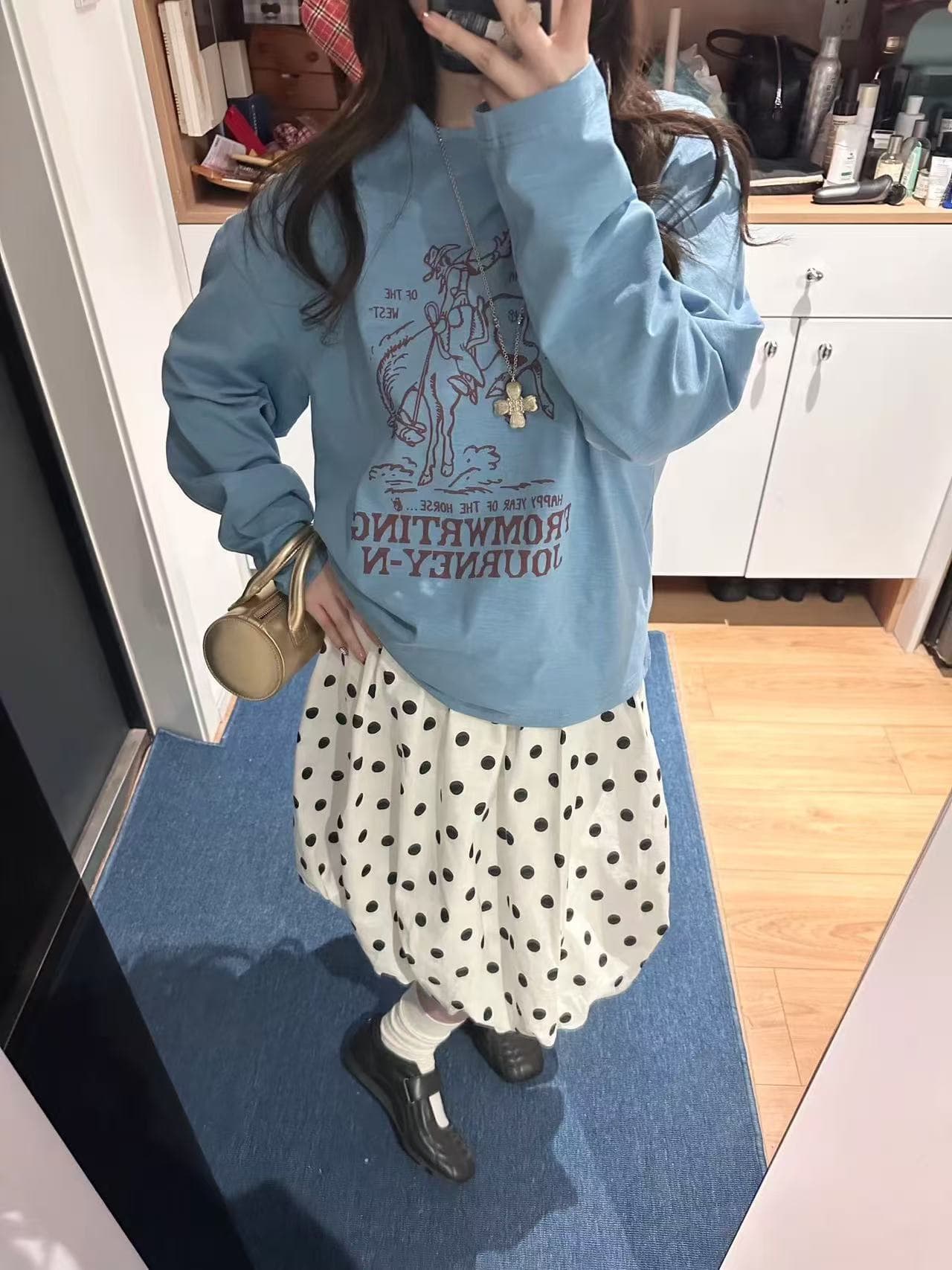 아메리칸 레트로 느긋한 바람 긴팔 티셔츠 여성 루즈핏 캐주얼 새로운 승마자 프린트 무거운 다용도 만나는 맨위 상세 이미지 2