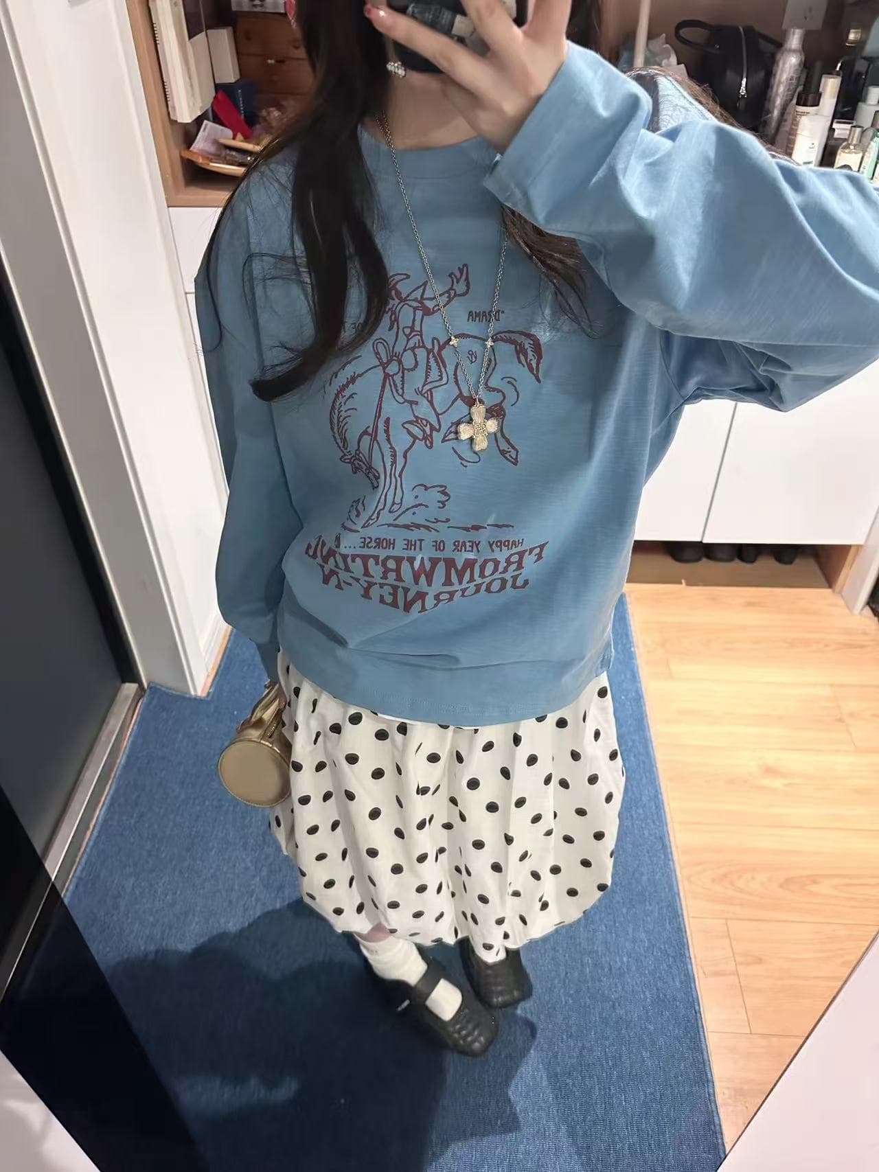 아메리칸 레트로 느긋한 바람 긴팔 티셔츠 여성 루즈핏 캐주얼 새로운 승마자 프린트 무거운 다용도 만나는 맨위 상세 이미지 5