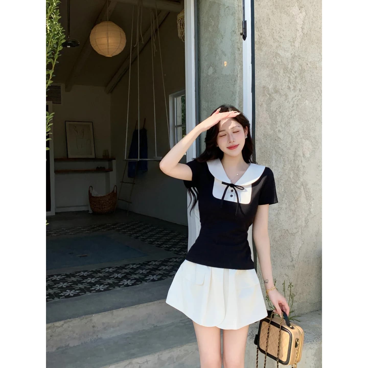 학원 스타일 연령 감소 검정색 페이크 레이어드 반팔 티셔츠 여성 여름 착용 가져 가라. 고유 한 아름다운 miu 부서 베이비 칼라 맨위 상세 이미지 3