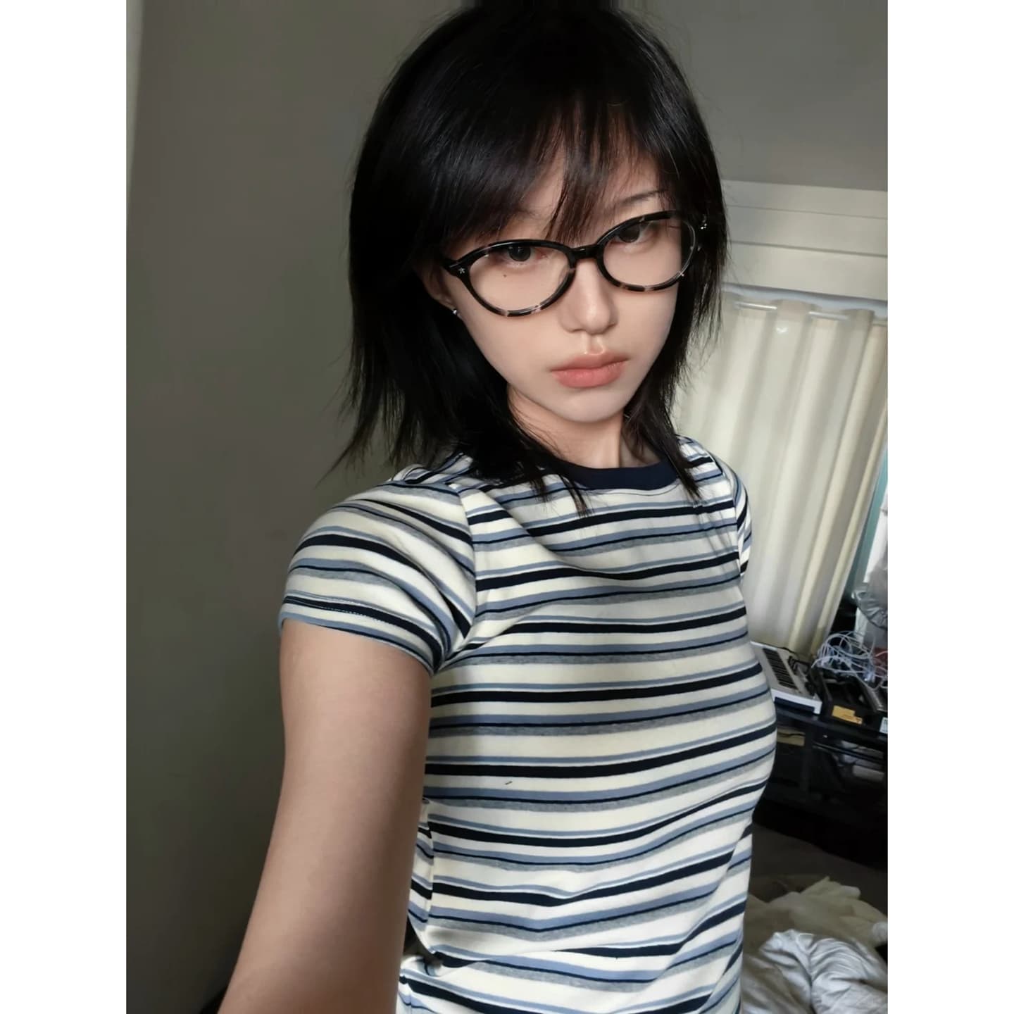 아메리칸 레트로 스트라이프 반팔 티셔츠 여성 표지 배 긍정적 인 어깨 2026 여름 몸매 가꾸기 핫걸 면 소재 만나는 맨위 이미지 2