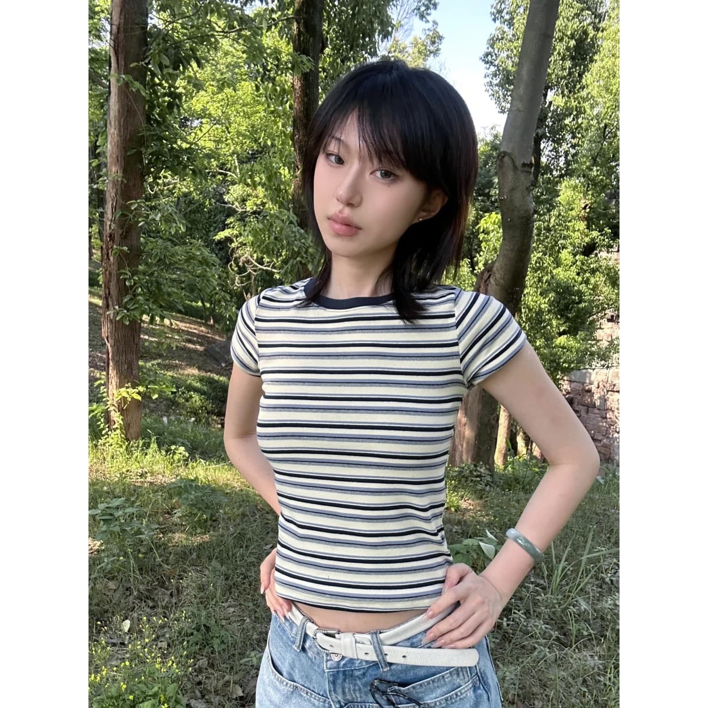 아메리칸 레트로 스트라이프 반팔 티셔츠 여성 표지 배 긍정적 인 어깨 2026 여름 몸매 가꾸기 핫걸 면 소재 만나는 맨위 상세 이미지 3