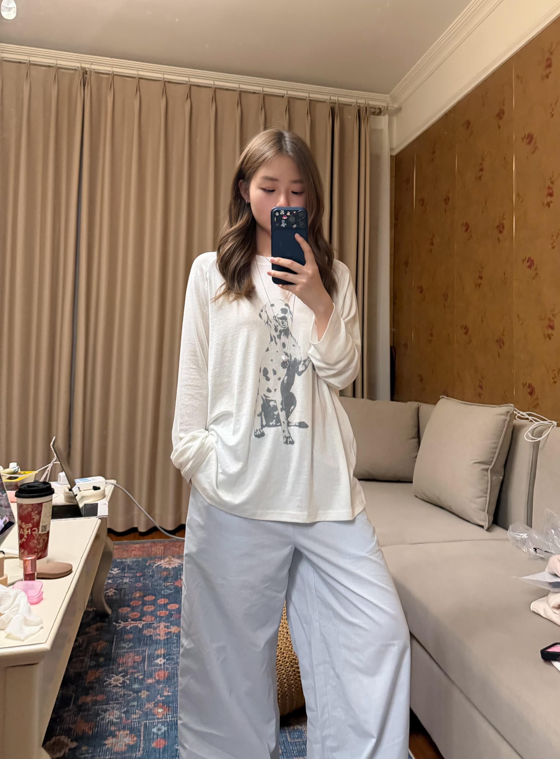 아메리칸 느긋한 달마 시안 프린트 블라우스 삽입 어깨 긴팔 티셔츠 여성 이른 가을 루즈핏 다용도 자외선 차단 만나는 맨위 이미지 2