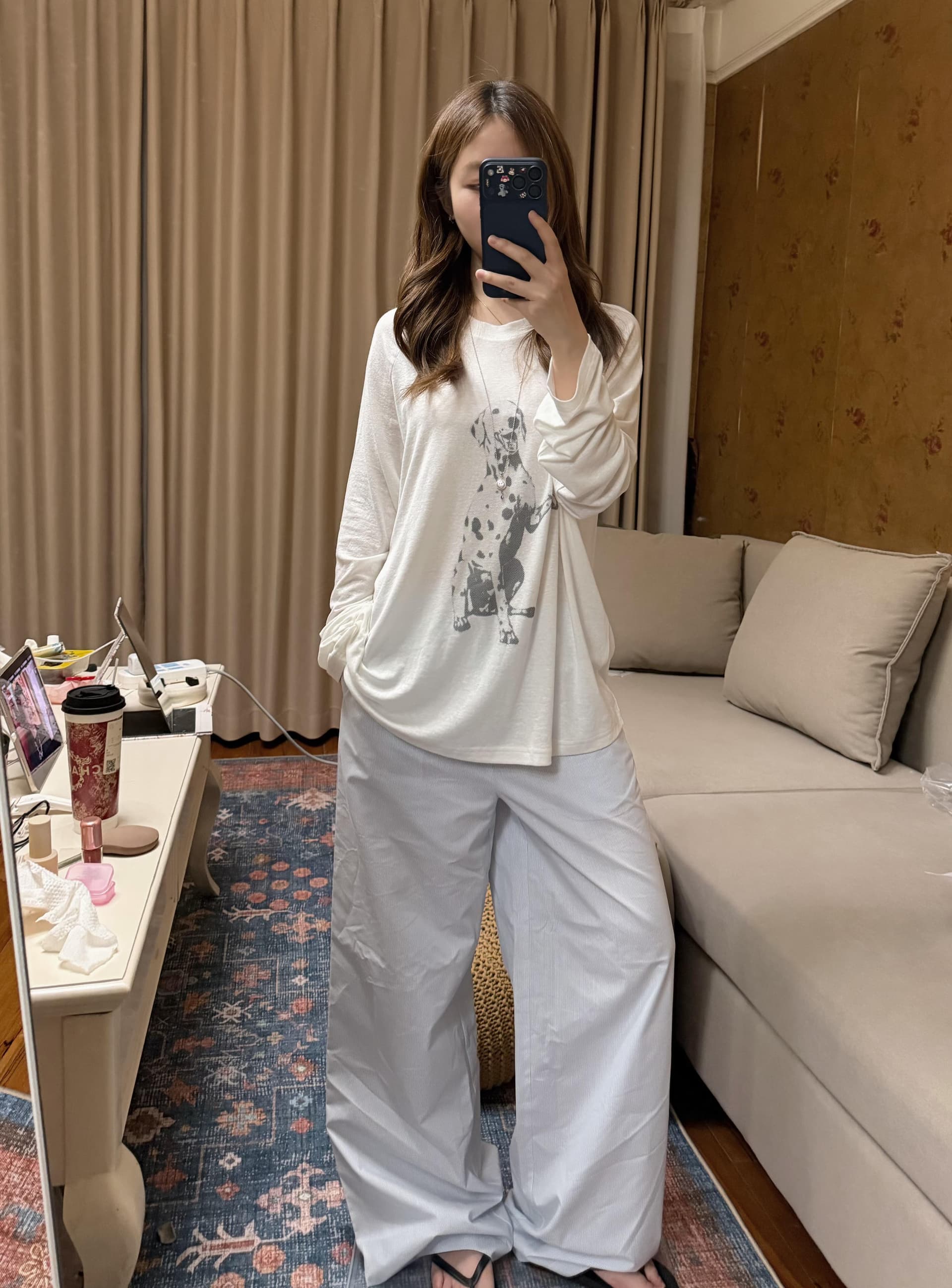 아메리칸 느긋한 달마 시안 프린트 블라우스 삽입 어깨 긴팔 티셔츠 여성 이른 가을 루즈핏 다용도 자외선 차단 만나는 맨위 이미지 3