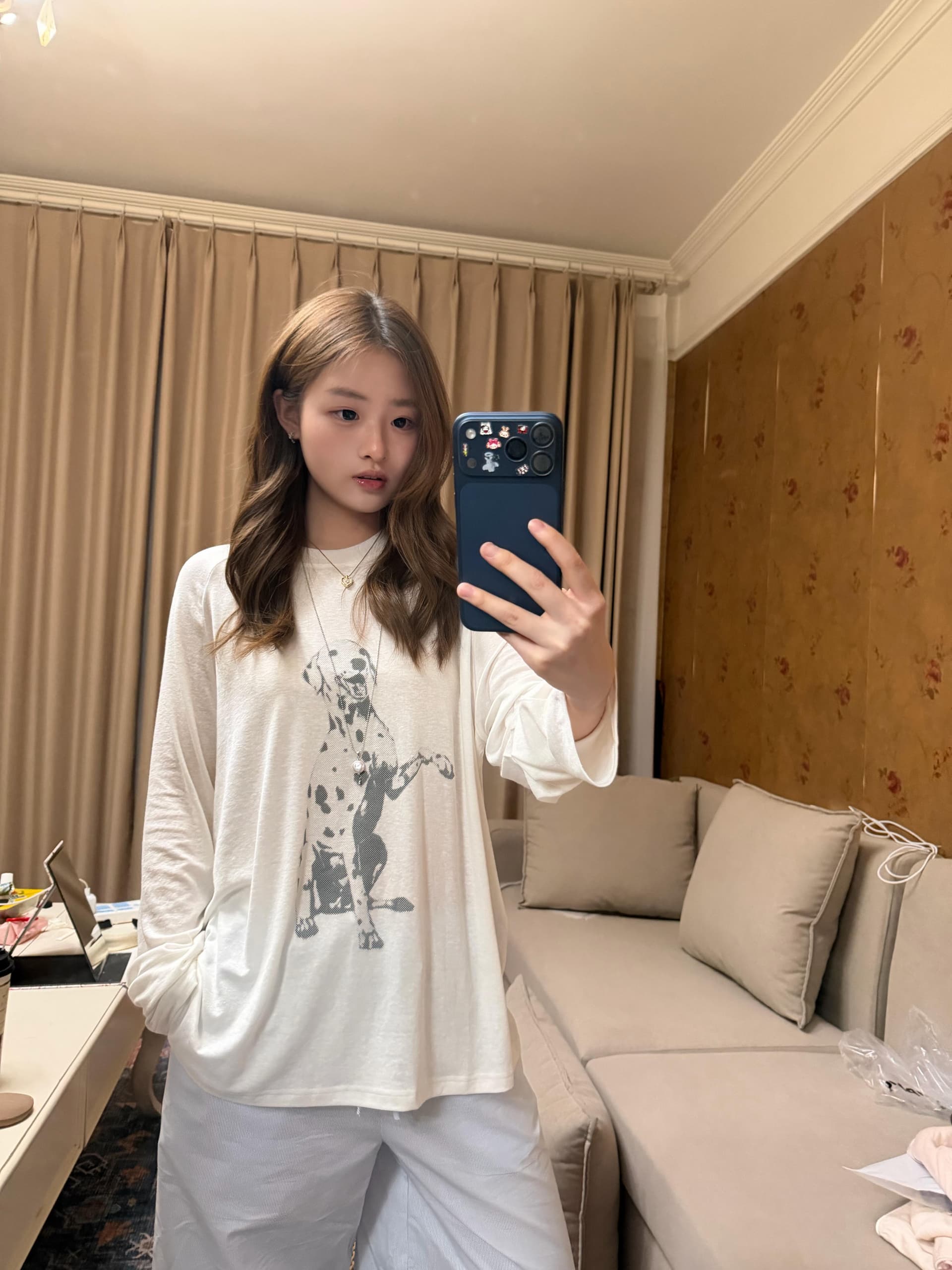 아메리칸 느긋한 달마 시안 프린트 블라우스 삽입 어깨 긴팔 티셔츠 여성 이른 가을 루즈핏 다용도 자외선 차단 만나는 맨위 상세 이미지 3