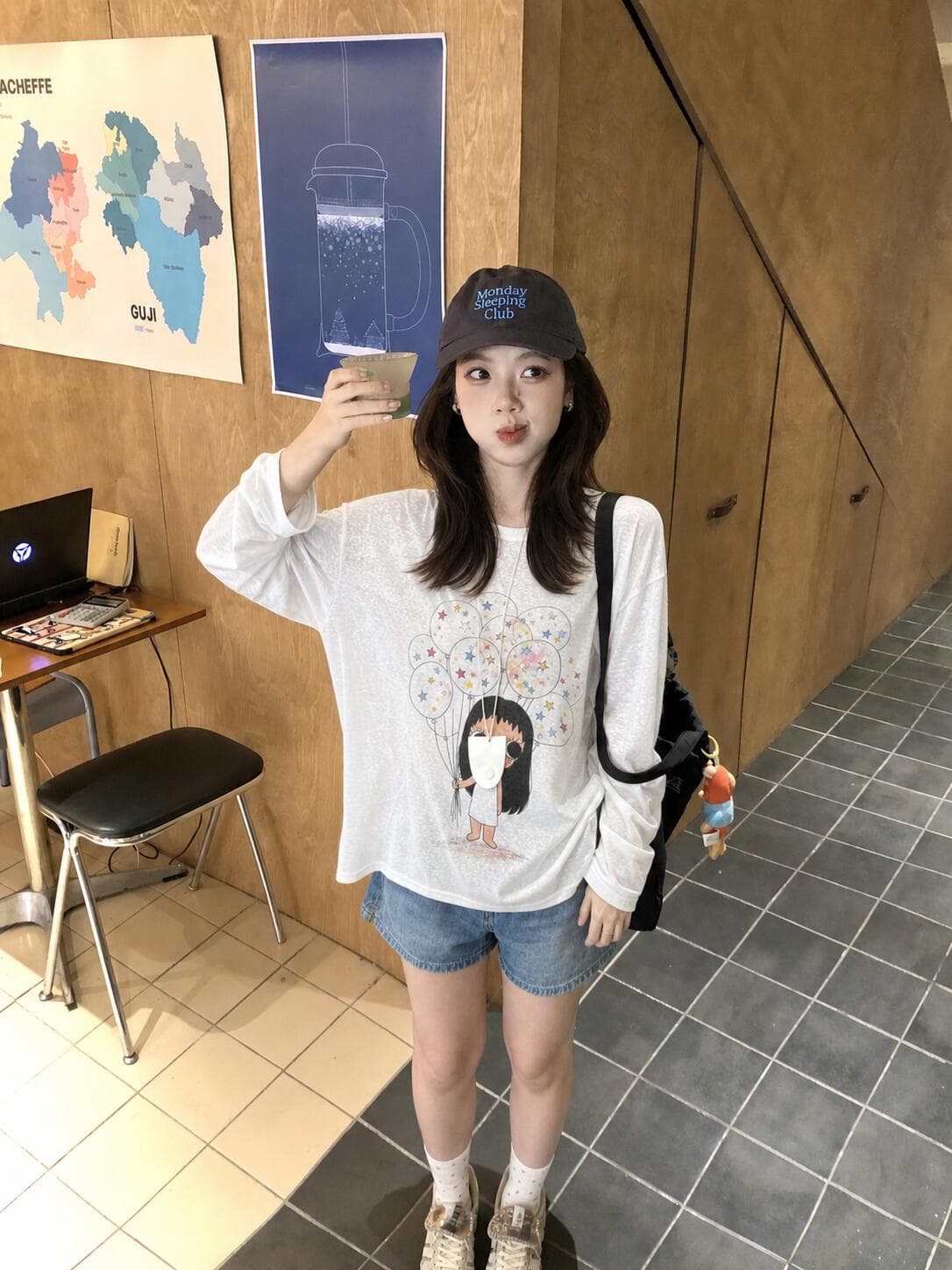 한 부서 작은 옥 프린트 반팔 벨트 자외선 차단 소매 티셔츠 여성 다용도 디자인 센스 블라우스 루즈핏 느긋한 바람 맨위 이미지 2