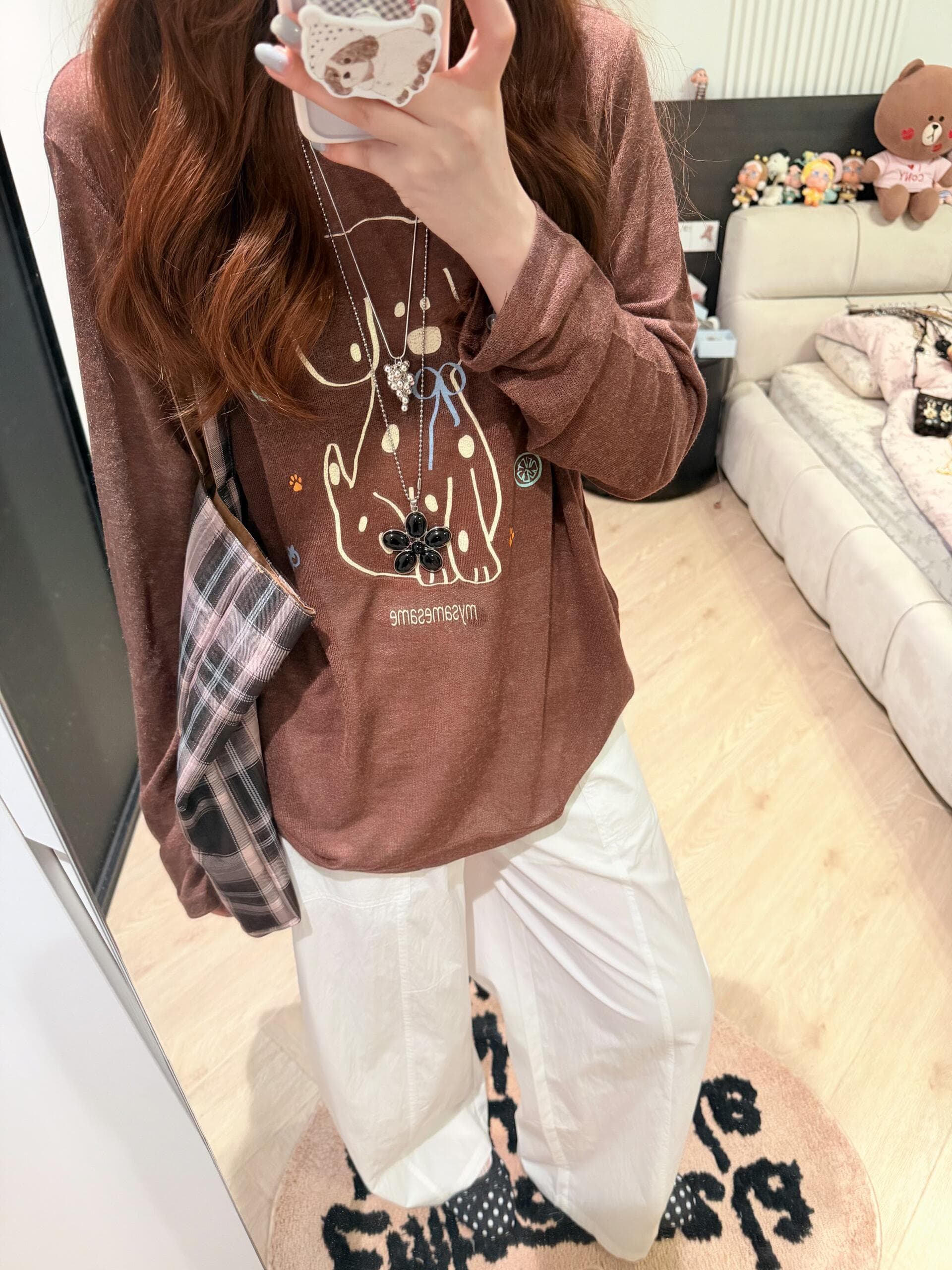 한국 스타일 소금 부서 귀여운 강아지 프린트 라운드 넥 긴팔 티셔츠 여성 여름 루즈핏 캐주얼 자외선 차단 블라우스 맨위 서비스 상세 이미지 1