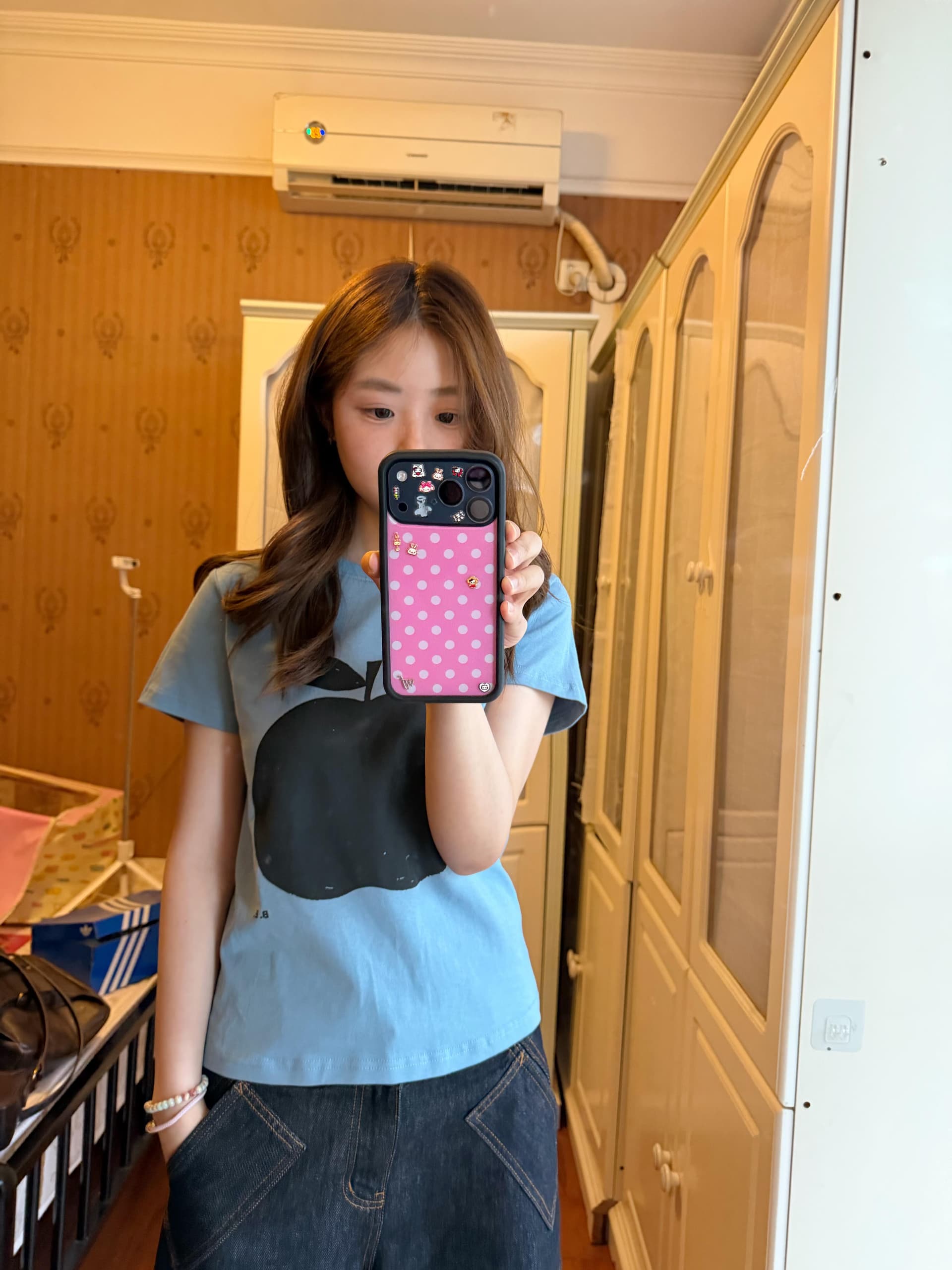 한 부서 레트로 애플 프린트 긍정적 인 어깨 반팔 티셔츠 여성 여름 새로운 도파민 몸매 가꾸기 슬림해 보이는 핫걸 맨위 상세 이미지 2