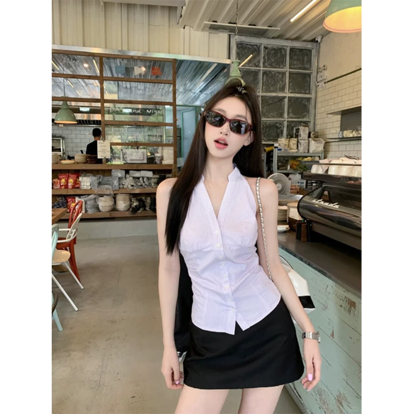순수한 욕망 민소매 행침 목 여성 셔츠 여름 반신 스커트 투피스 세트