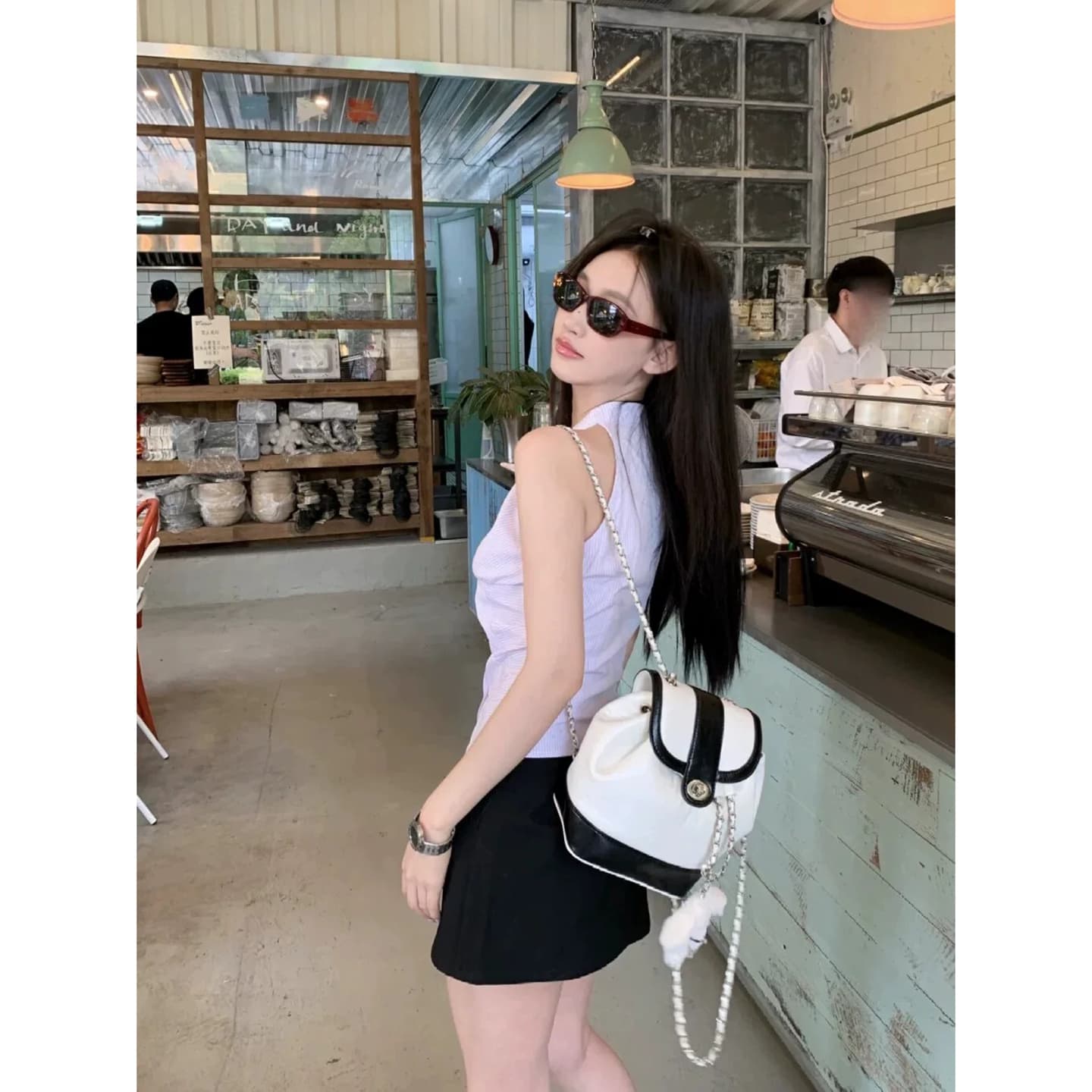 순수한 욕망 민소매 행침 목 여성 셔츠 여름 반신 스커트 투피스 세트 이미지 4