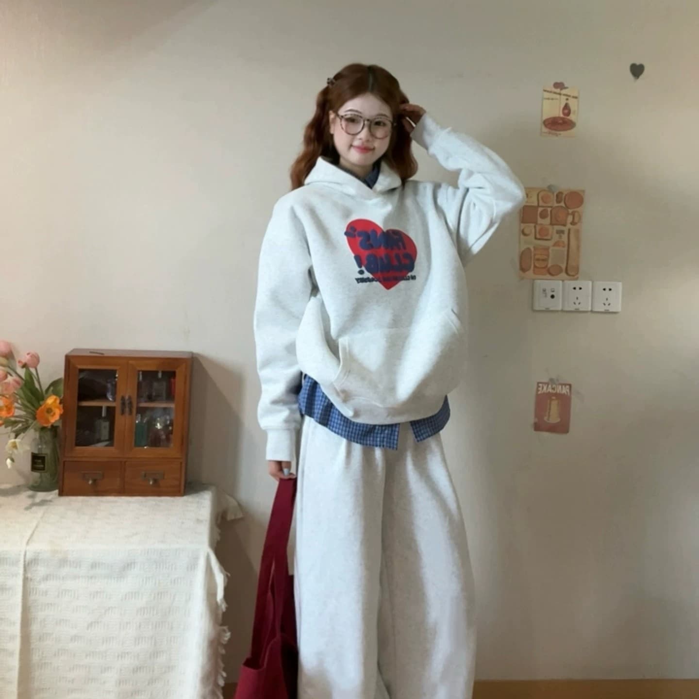 느긋한 느슨함 센스 운동 한 부서 후드 티 스웨터 상세 이미지 3