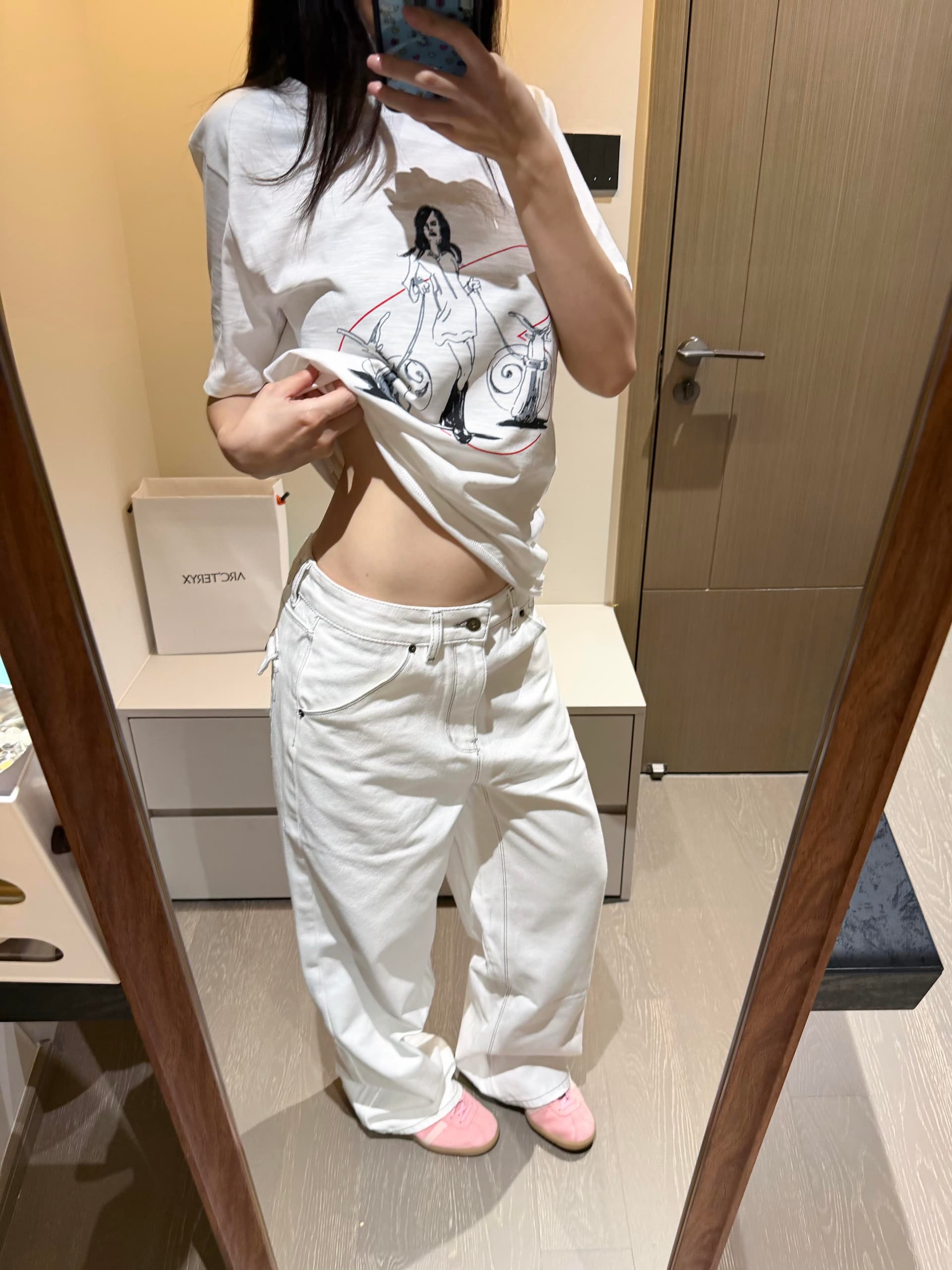 한국 ins 작은 대중 미니멀리즘 만화 낙서 프린트 다용도 루즈핏 대나무 마디 면 편안함 반팔 티셔츠 맨위 여성 이미지 2
