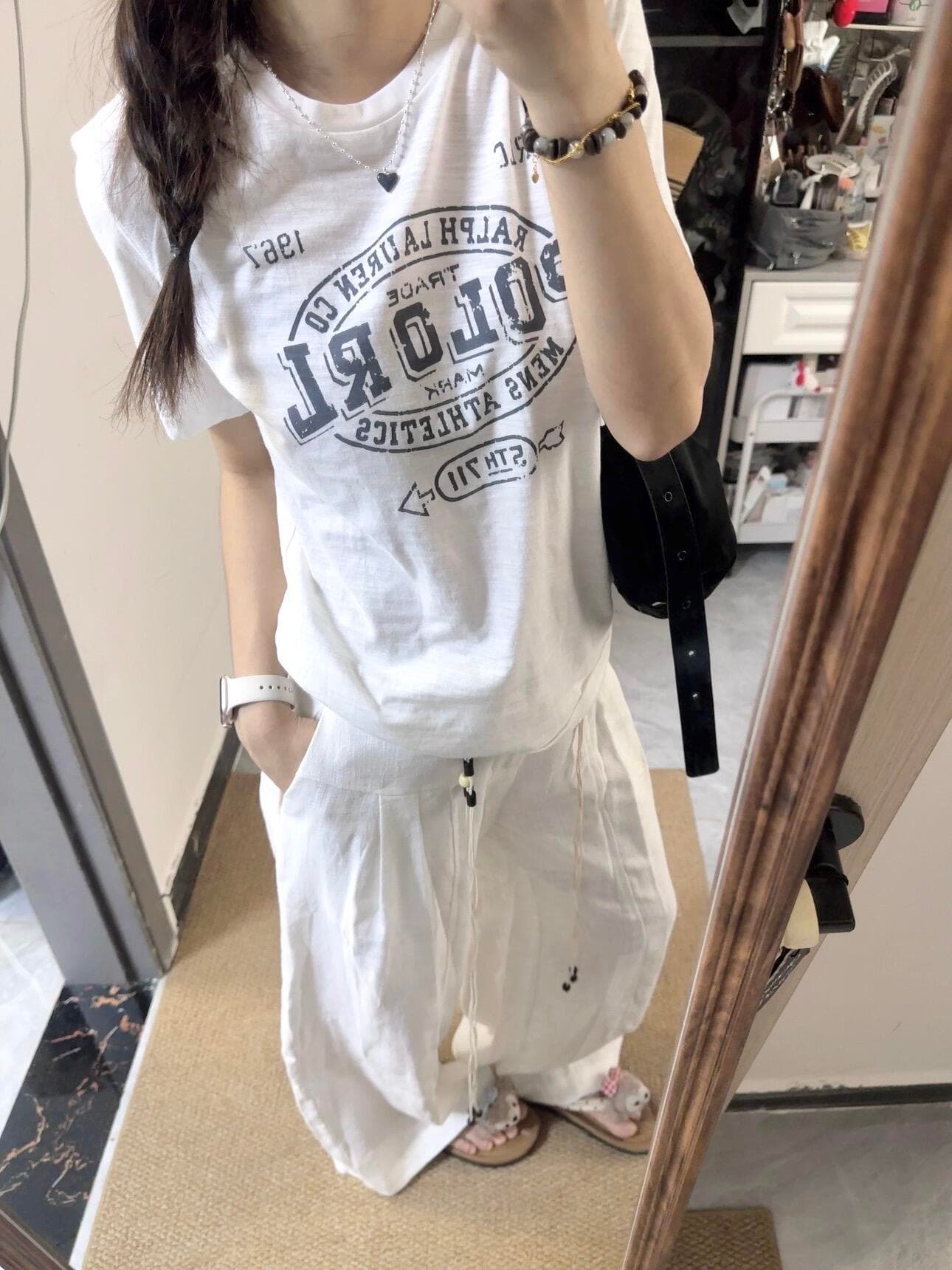 아메리칸 레트로 대나무 마디 면 프린트 반팔 티셔츠 여성 여름 새로운 맨위 루즈핏
